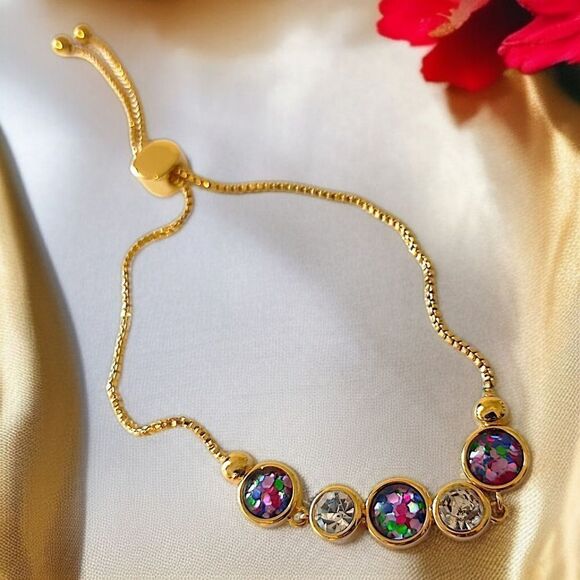 Rhinestone Bolo Bracelet Adjustable Bezel Set Confetti Gold Tone Multi Color - Picture 11 of 16